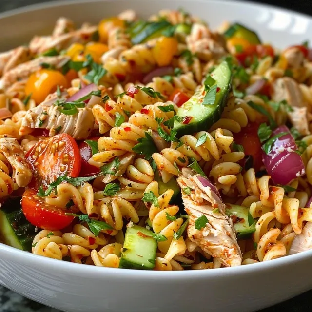 Side view of a delicious chicken pasta salad featuring vibrant cherry tomatoes and bell peppers.