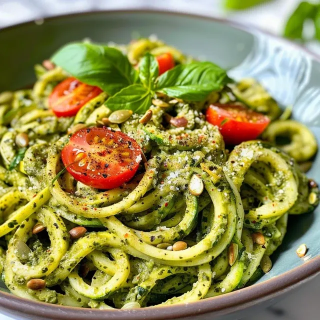 Spiralized zucchini with a rich, creamy vegan pesto and garnished with cherry tomatoes.