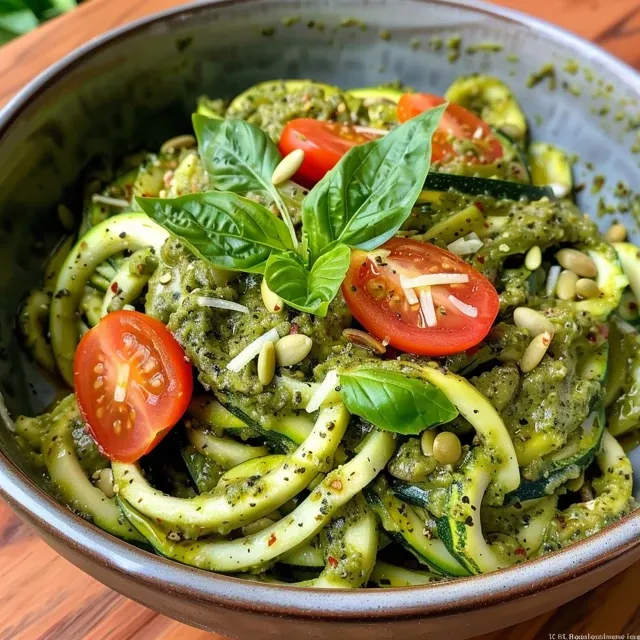 A side angle of a bowl featuring zucchini noodles drizzled with vibrant green pesto and garnished with basil.