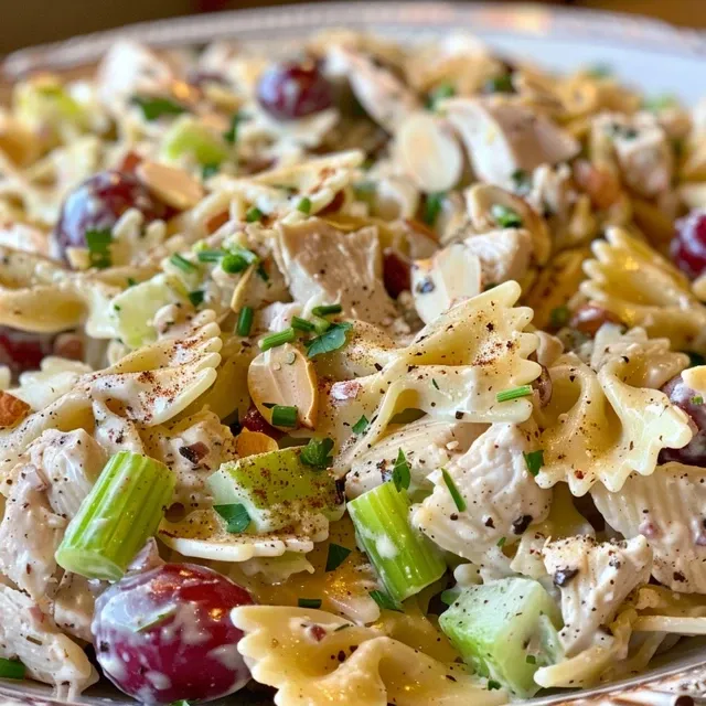 A side angle shot showcasing a vibrant mix of chicken, grapes, and pasta salad.