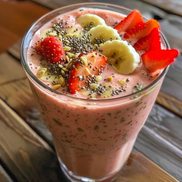 Side angle of a creamy smoothie featuring strawberries and bananas with chia seeds.