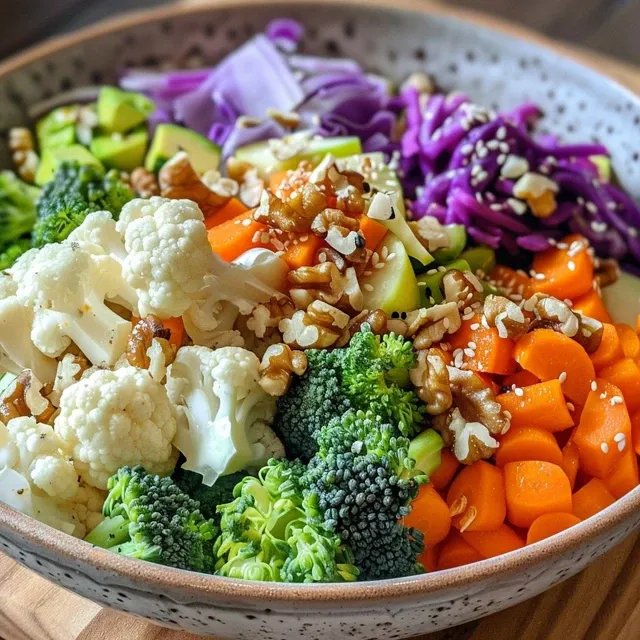 A side view of a fresh Raw Rainbow Detox Veggie Salad with mixed vegetables and a drizzle of dressing.