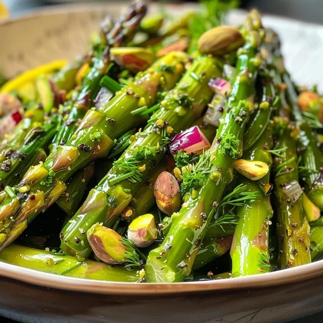 A vibrant bowl featuring asparagus, herbs, cheese, and nuts in a fresh salad.