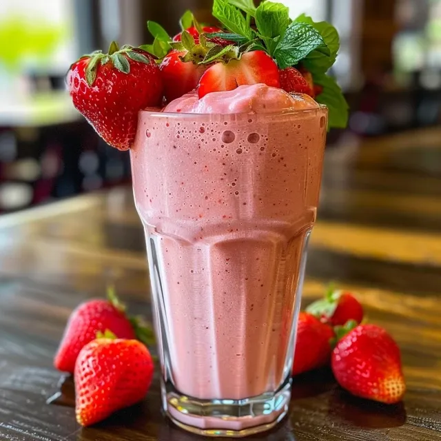 A refreshing strawberry smoothie in a clear glass, showcasing its creamy texture and rich color.