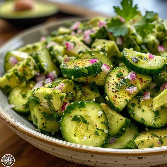 Sliced cucumbers and avocado arranged beautifully in a bowl, garnished with green onions.