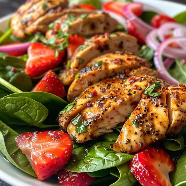 A side view of a delicious salad combining grilled chicken, strawberries, and baby spinach topped with vibrant ginger-lime dressing.