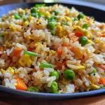 Close-up of colorful egg fried rice in a bowl, showcasing peas, carrots, and golden scrambled eggs.