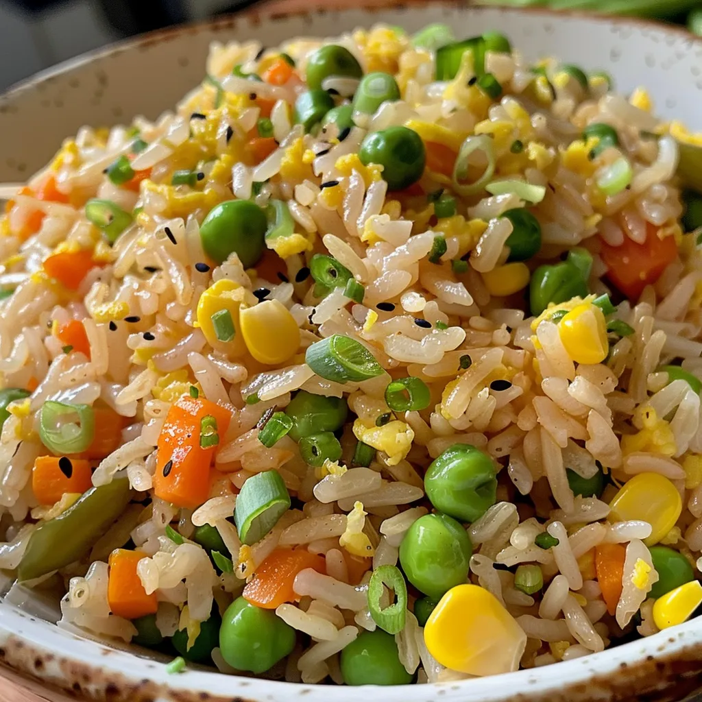 Side view of a plate of egg fried rice with vibrant vegetables and fresh green onions sprinkled on top.