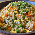 Close-up view of a colorful veggie egg fried rice dish with vibrant carrots, peas, and bell peppers.
