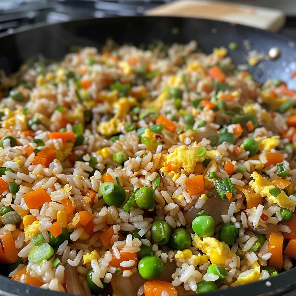 Side view of a delicious bowl of veggie egg fried rice garnished with green onions and sesame seeds.