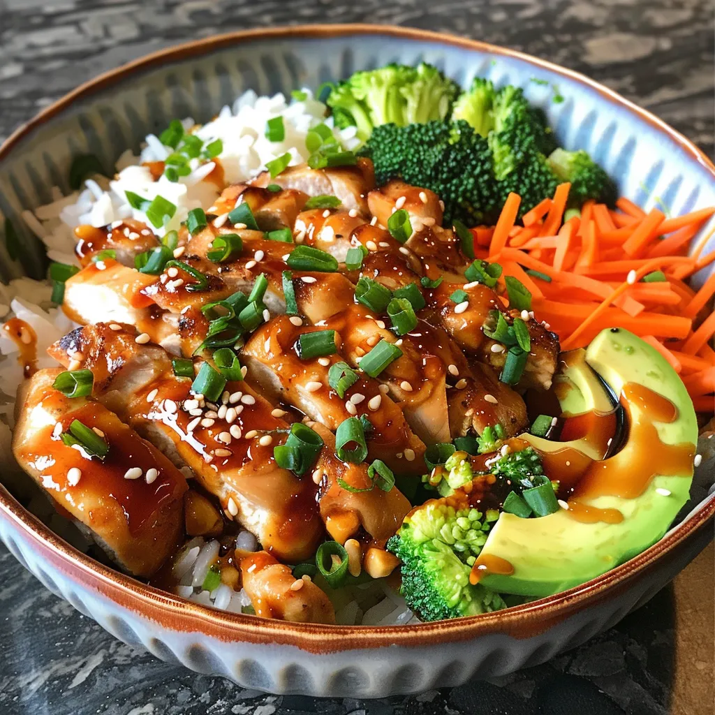 Side view of a colorful teriyaki chicken bowl with broccoli, carrots, and avocado.