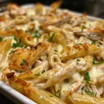 Close-up of a creamy 5-Ingredient Chicken Alfredo with pasta and melted cheese.