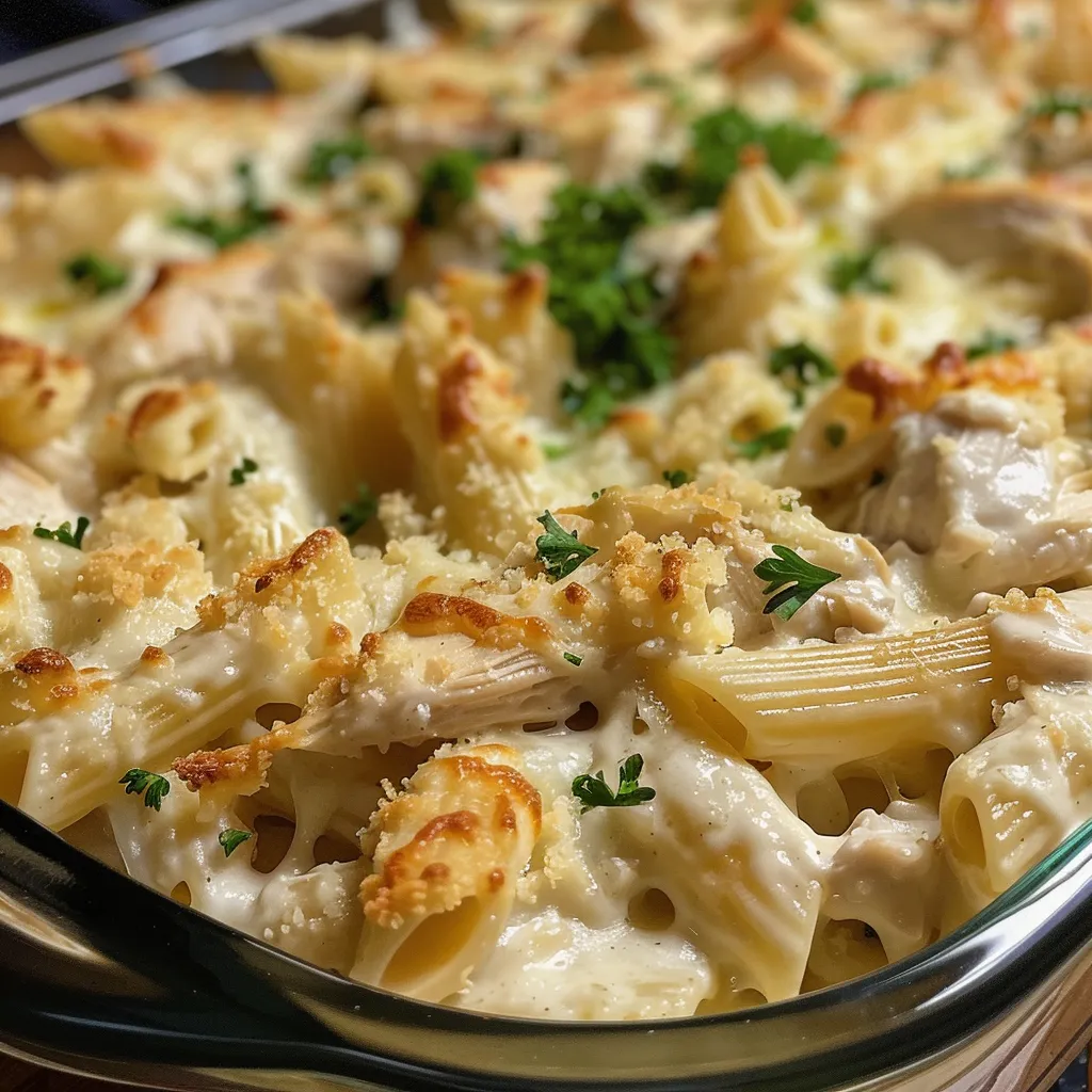 Side view of a hearty Chicken Alfredo dish topped with mozzarella and parsley.