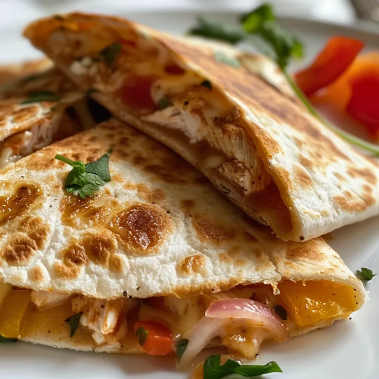 Close-up view of a golden brown quesadilla with melted cheese and colorful vegetables.