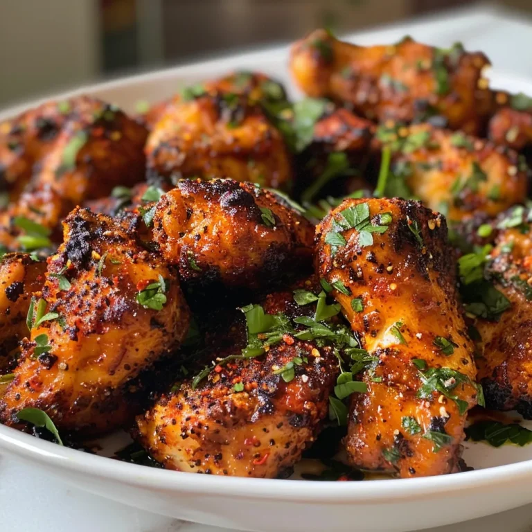 Close-up of golden-brown Air Fryer Chicken Bites on a white plate.