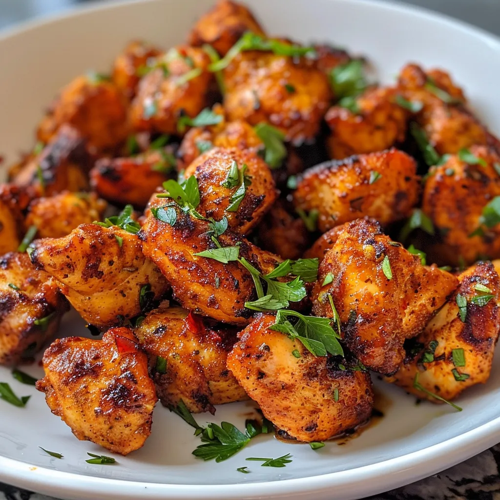 Juicy chicken pieces seasoned and crispy, captured from the side.