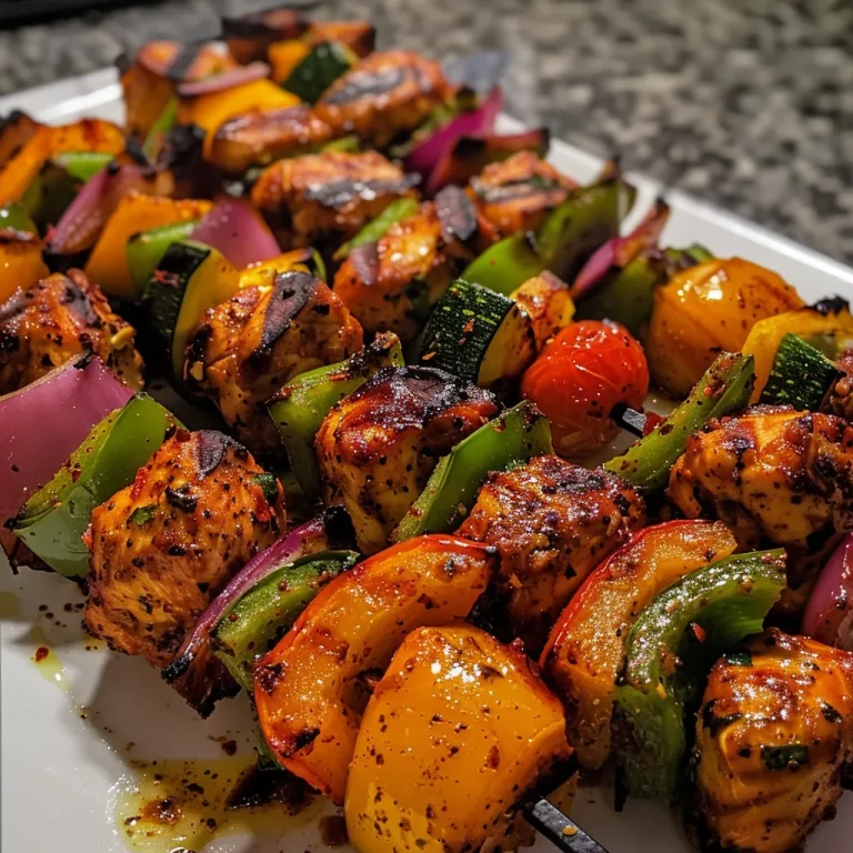 Juicy chicken kebabs with colorful vegetables, arranged on a plate.