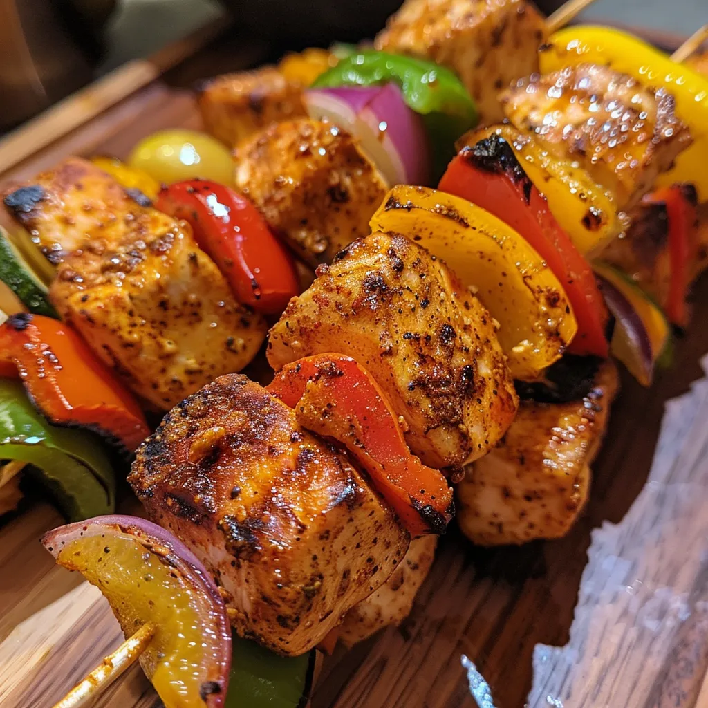 Close-up view of air-fried chicken kebabs featuring peppers and tomatoes.
