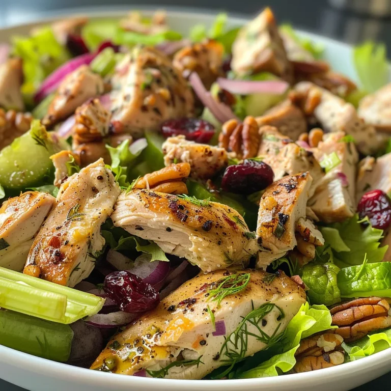 A close-up view of Air Fryer Chicken Salad in a bowl, showcasing diced chicken and colorful vegetables.