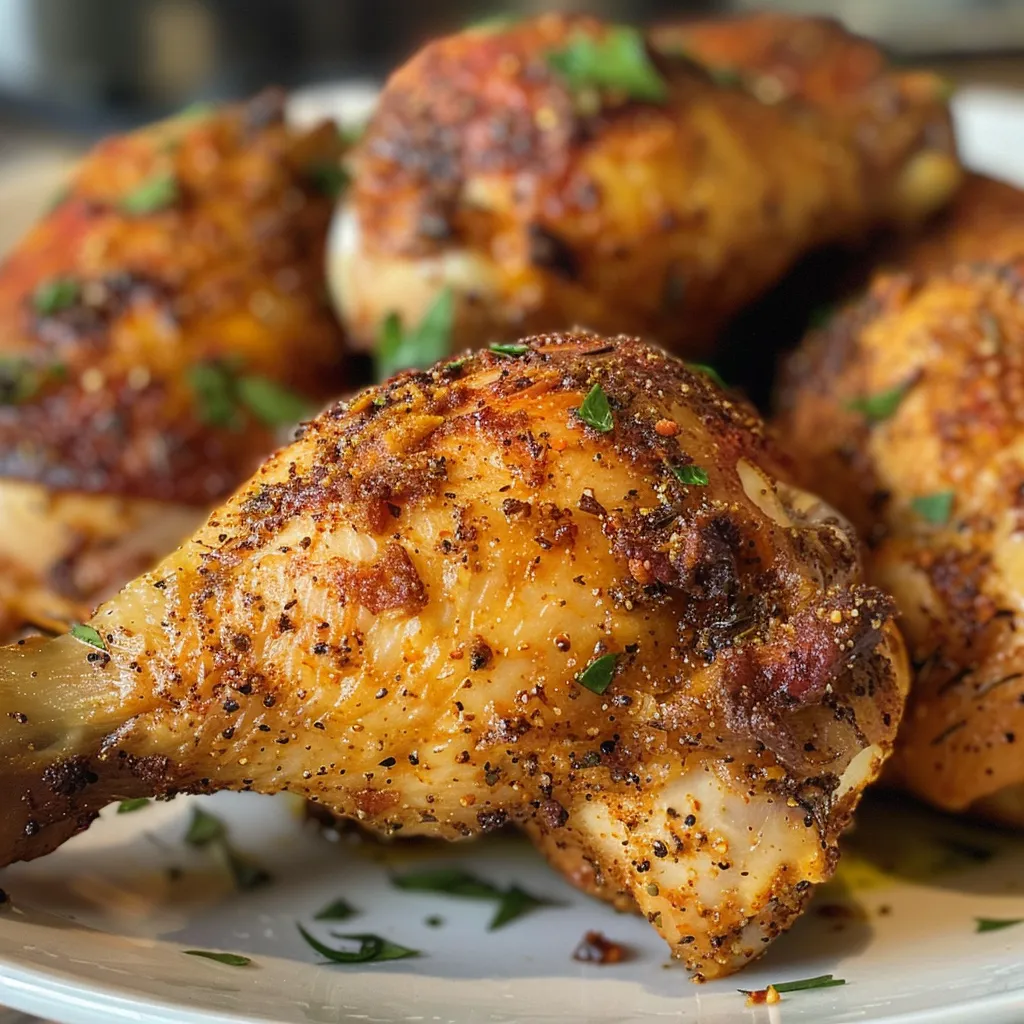 Side view of crispy chicken thighs cooked in an air fryer, served with lemon wedges.