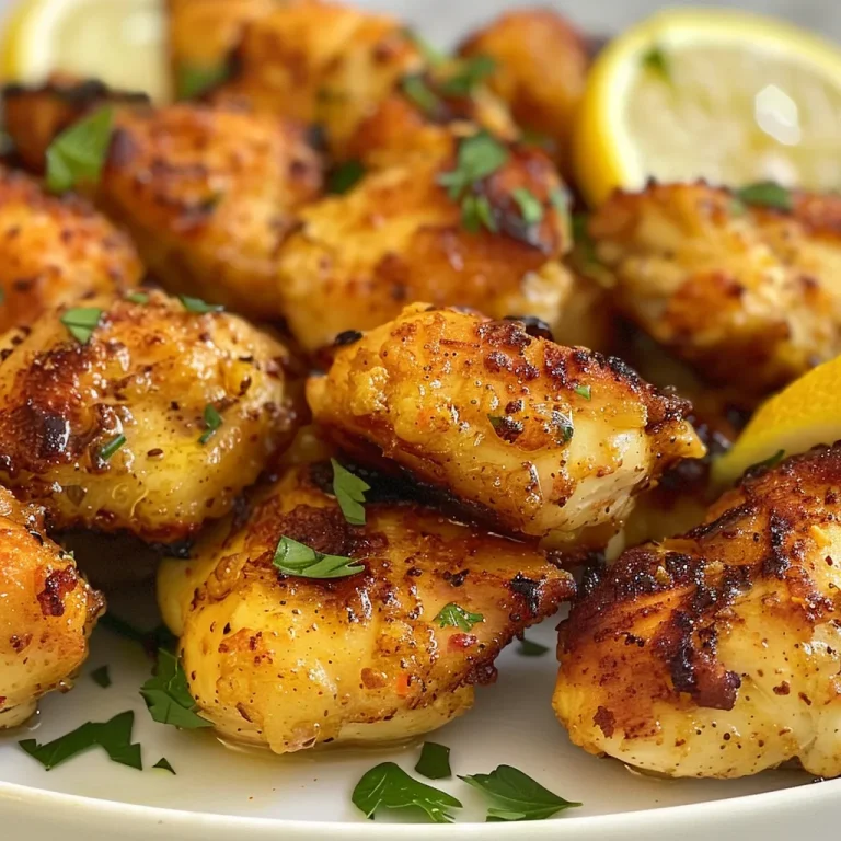 Close-up view of juicy Air Fryer Lemon Chicken Bites on a plate.