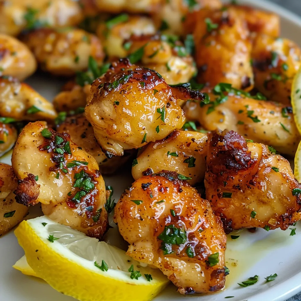 Juicy lemon chicken bites arranged on a plate with lemon wedges and parsley.