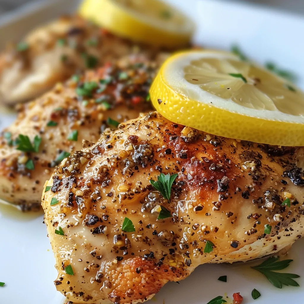 Close-up view of succulent lemon pepper chicken garnished with fresh parsley.