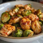 A close-up view of Air Fryer Sweet Chili Chicken and Brussels sprouts, showcasing juicy chicken pieces and vibrant green sprouts.