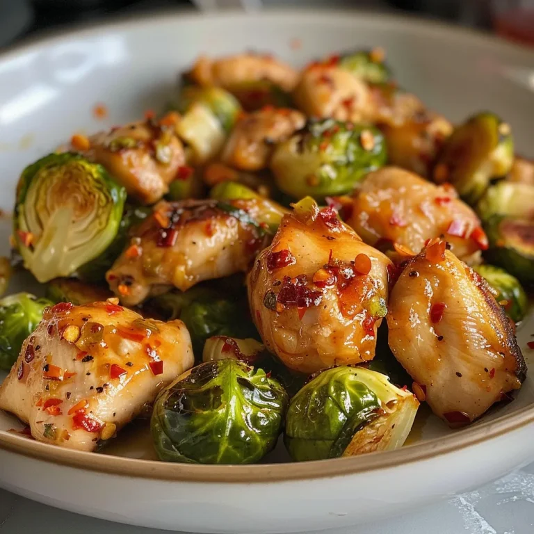 A close-up view of Air Fryer Sweet Chili Chicken and Brussels sprouts, showcasing juicy chicken pieces and vibrant green sprouts.