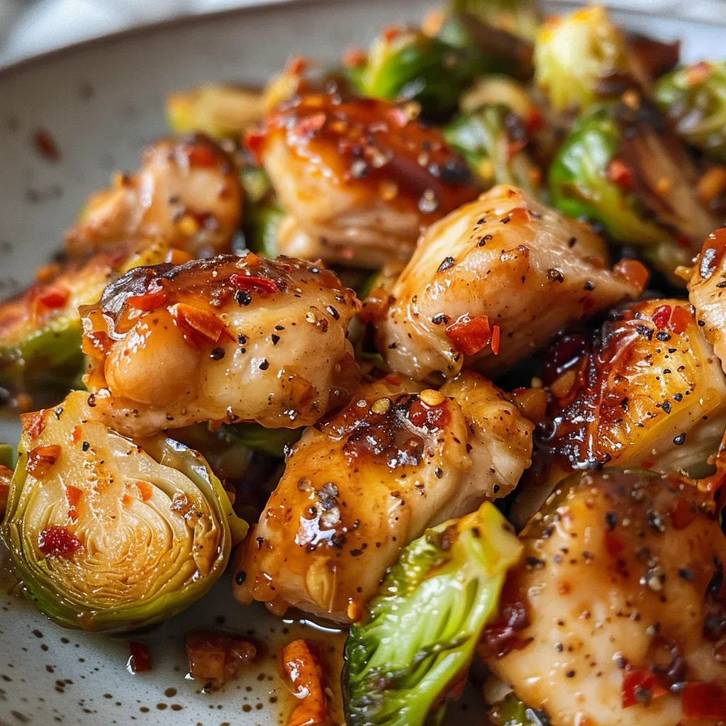 Side view of a delicious plate featuring Air Fryer Sweet Chili Chicken alongside halved Brussels sprouts, with a glossy sauce.
