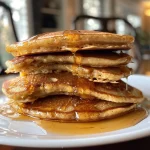 Fluffy almond flour pancakes stacked on a plate, with a golden-brown color and a drizzle of syrup.