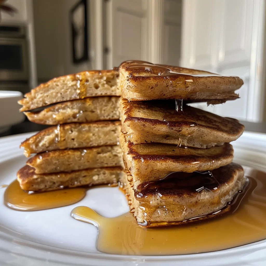 Side view of delicious almond flour pancakes garnished with fresh berries and a pat of butter melting on top.