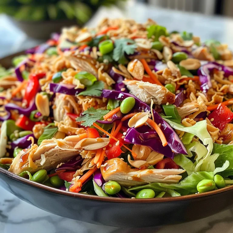 A close-up view of a vibrant Asian Chicken Crunch Salad with colorful vegetables and chicken pieces.