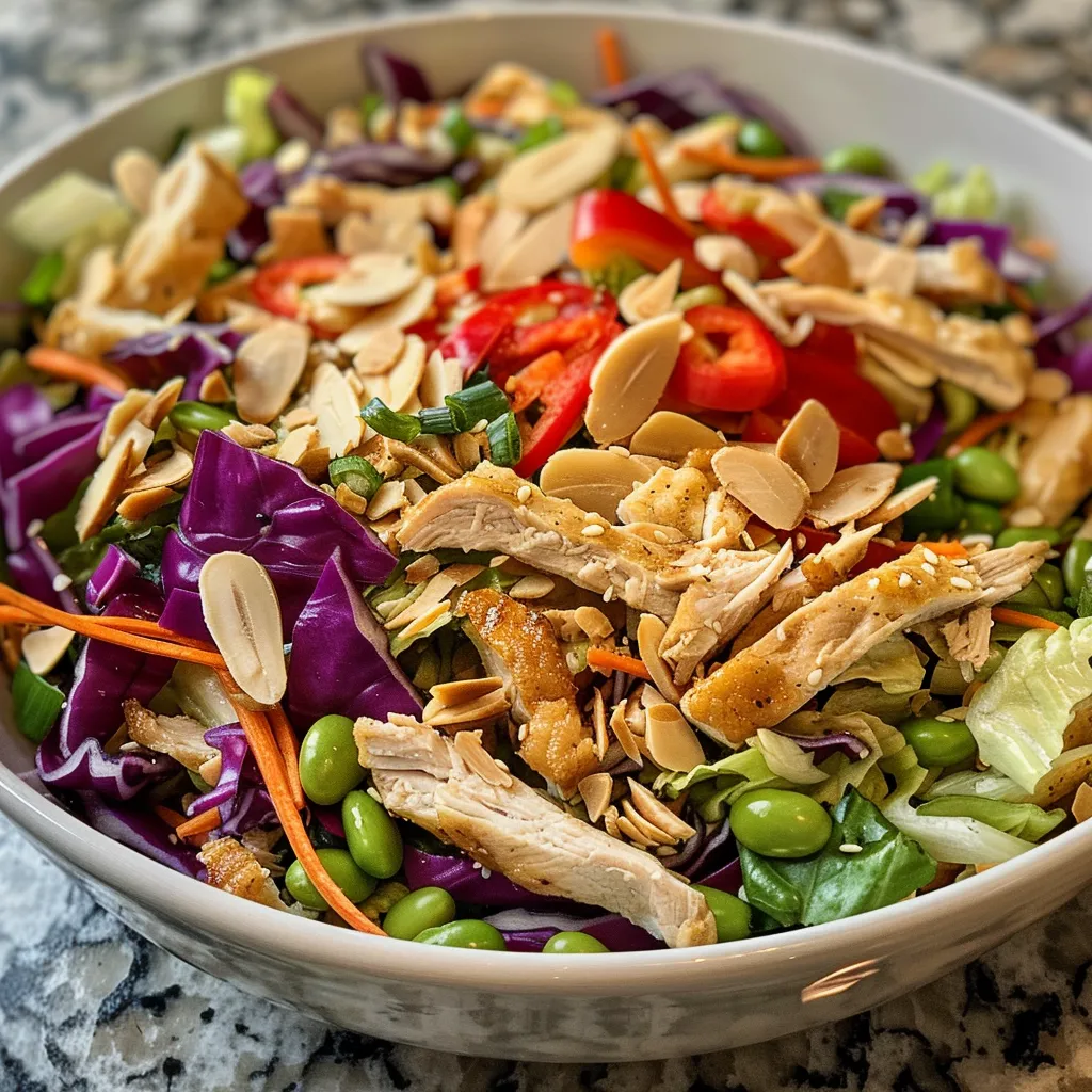 Side view of a fresh Asian Chicken Crunch Salad featuring shredded cabbage and bright vegetables.
