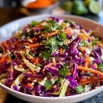 Close-up of colorful Asian Peanut Slaw with shredded cabbage, carrots, and scallions.