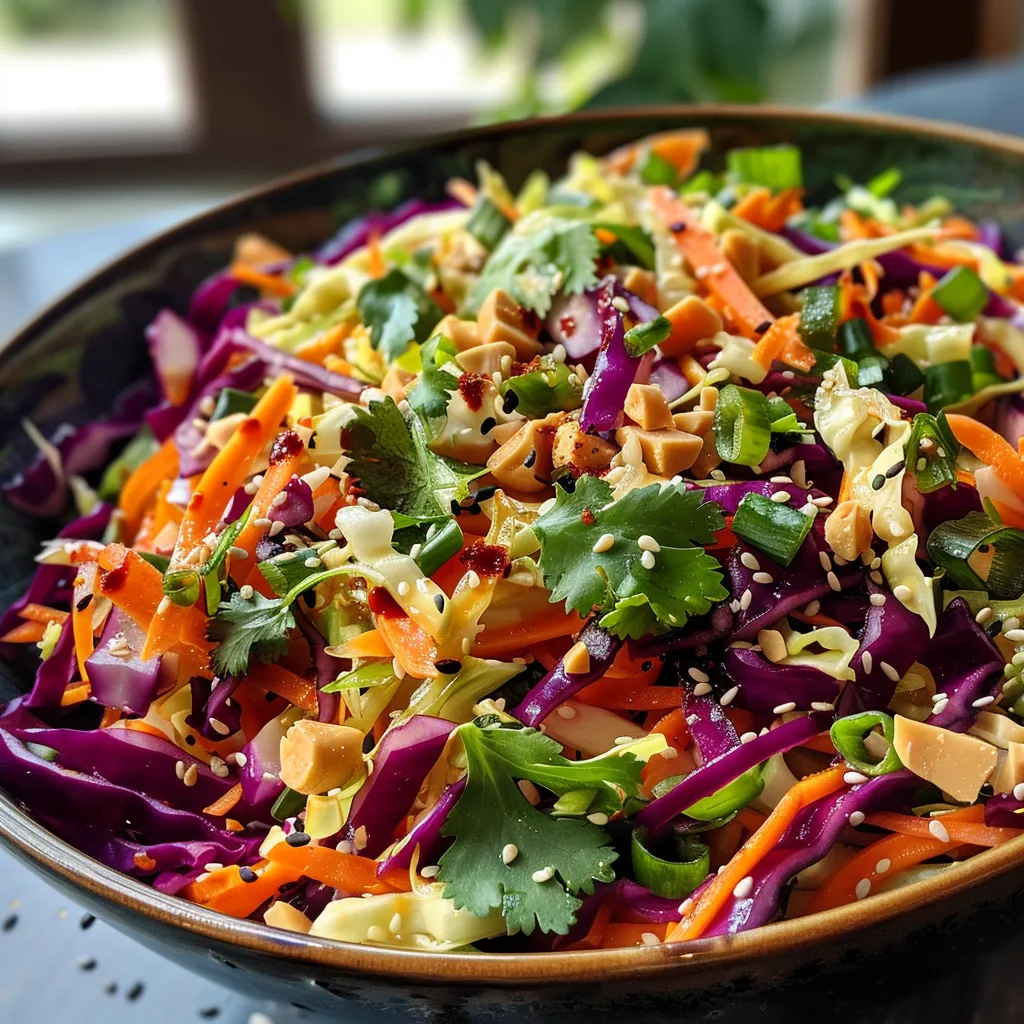 Side view of a bowl of Asian Peanut Slaw featuring vibrant red and green cabbage.