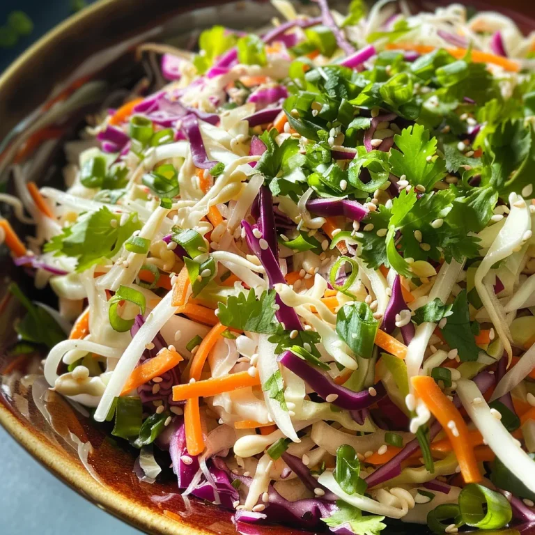 Close-up of vibrant Asian slaw featuring shredded green and red cabbage, carrots, and green onions.