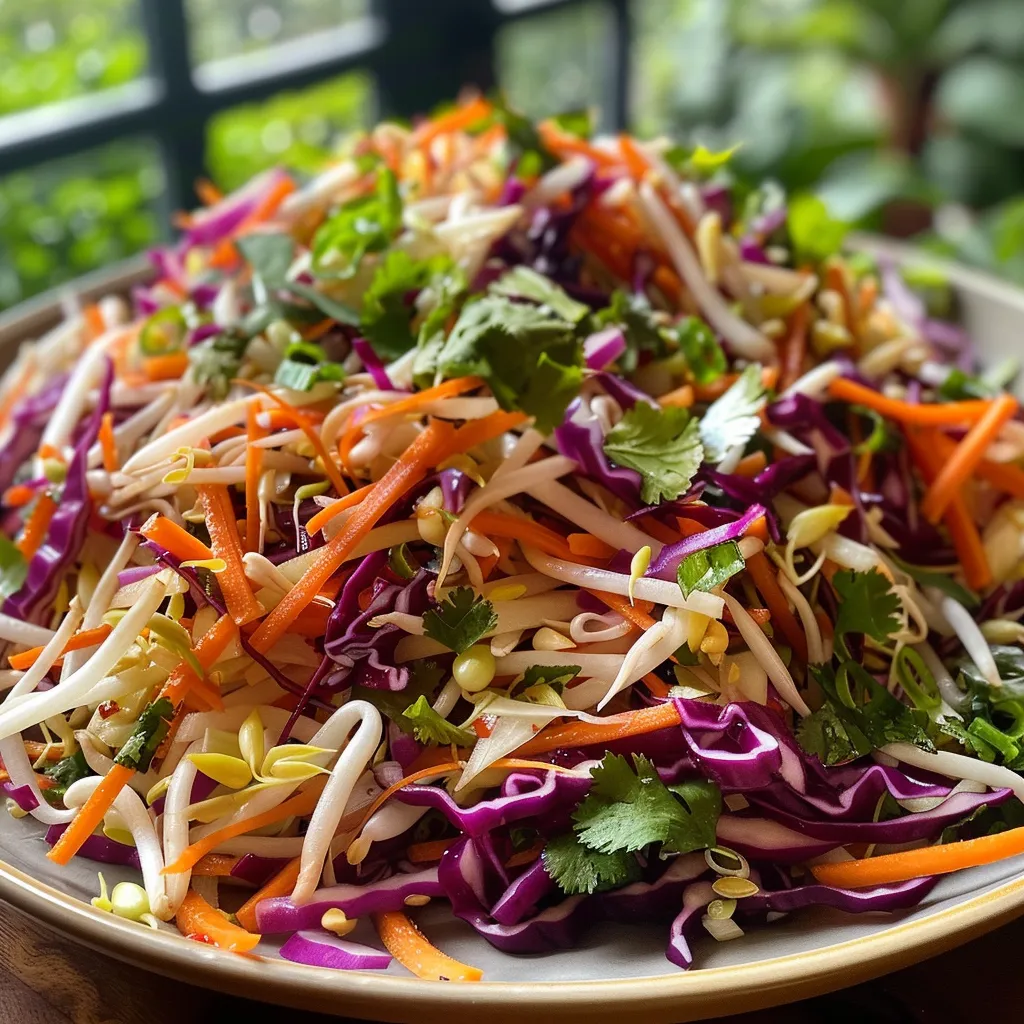 Mouthwatering Asian slaw with fresh vegetables, including cabbage, carrots, and herbs, in a bowl.