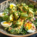 Close-up view of a creamy avocado and spinach egg salad with chopped eggs and diced avocado.