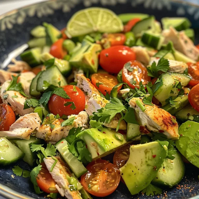 Close-up view of a colorful Avocado Chicken Salad in a bowl.