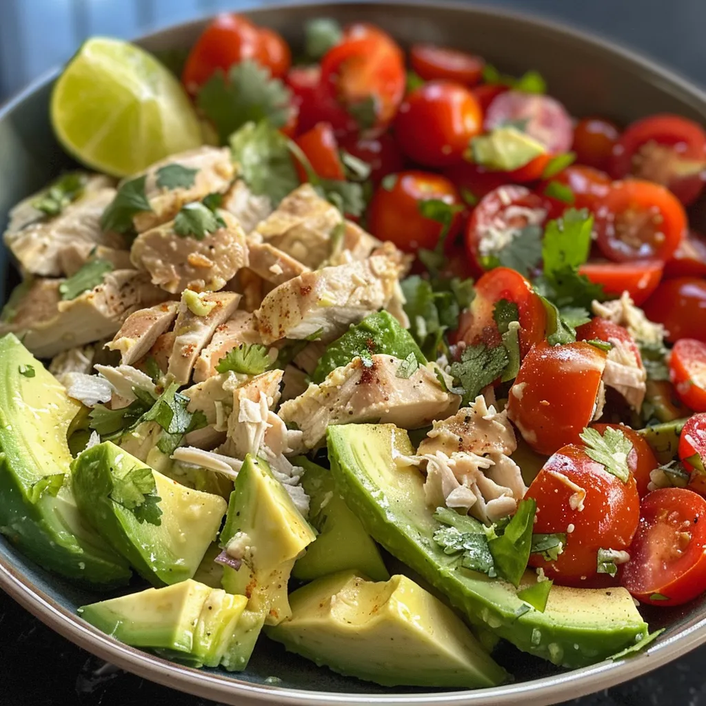 Side profile of a fresh Avocado Chicken Salad with diced ingredients.