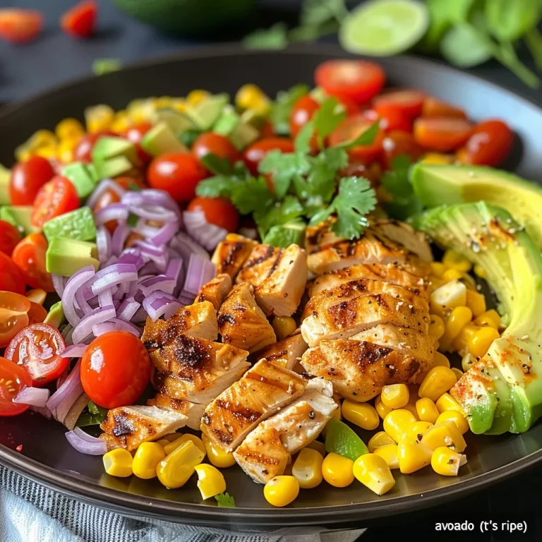 Close-up of a vibrant avocado corn chicken salad with fresh ingredients.
