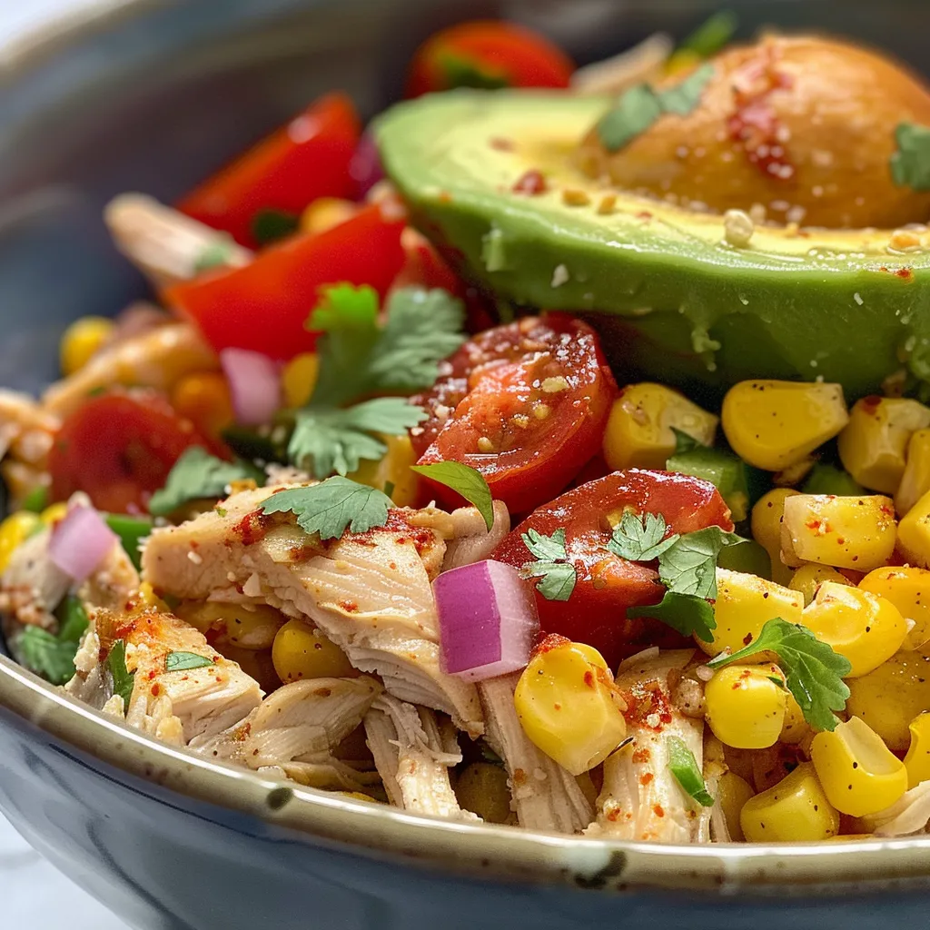 Juicy avocado corn chicken salad featuring colorful vegetables and herbs.
