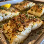 Juicy Baked Cod fillet topped with garlic and lemon slices on a plate.