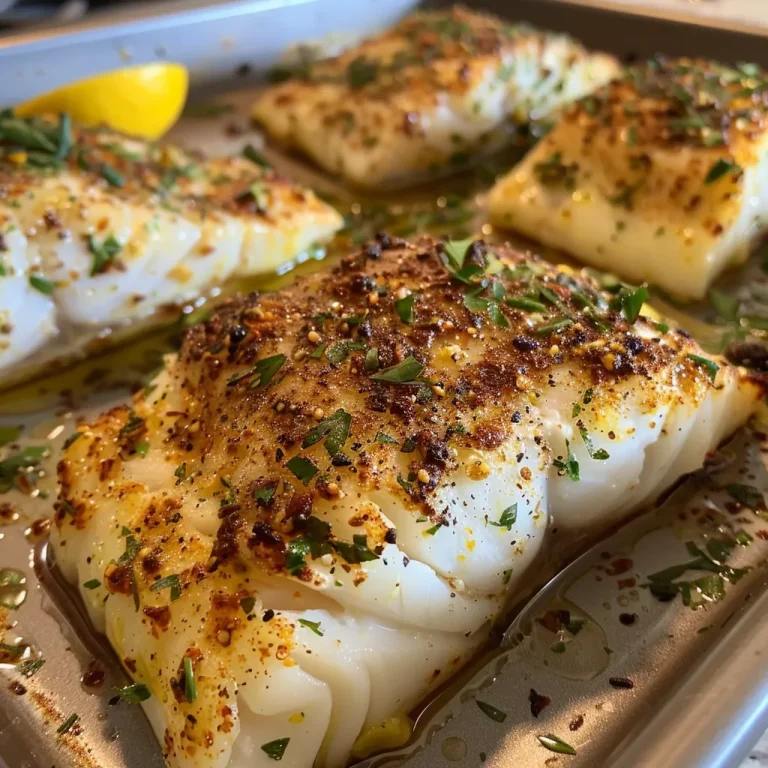 Juicy Baked Cod fillet topped with garlic and lemon slices on a plate.