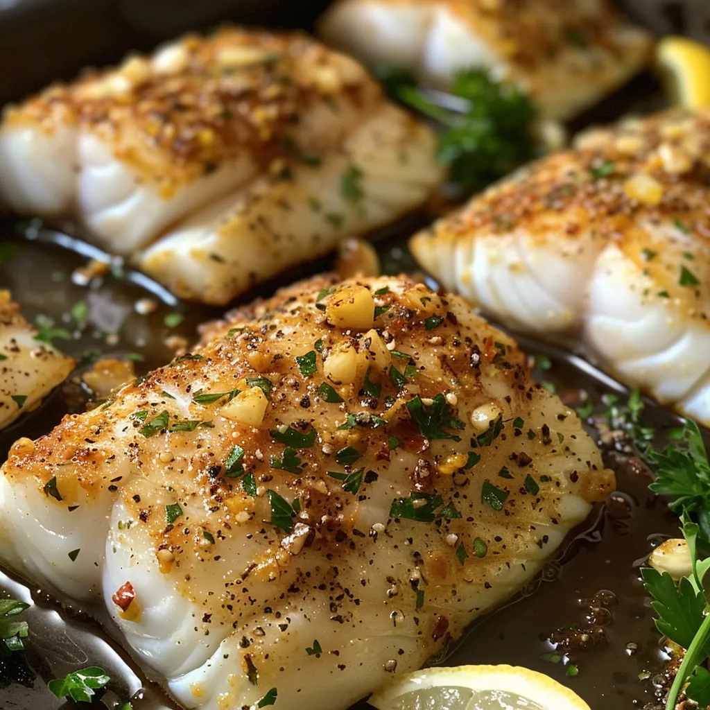 Close-up of a beautifully baked Cod garnished with parsley and lemon wedges.