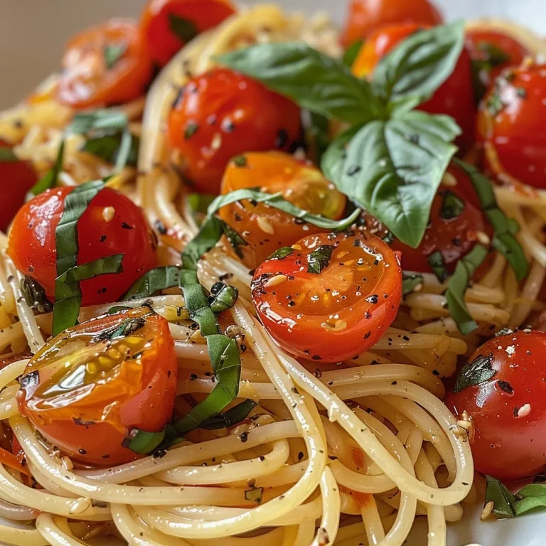 A close-up view of a bowl of basil and cherry tomato pasta, showcasing vibrant colors and texture.