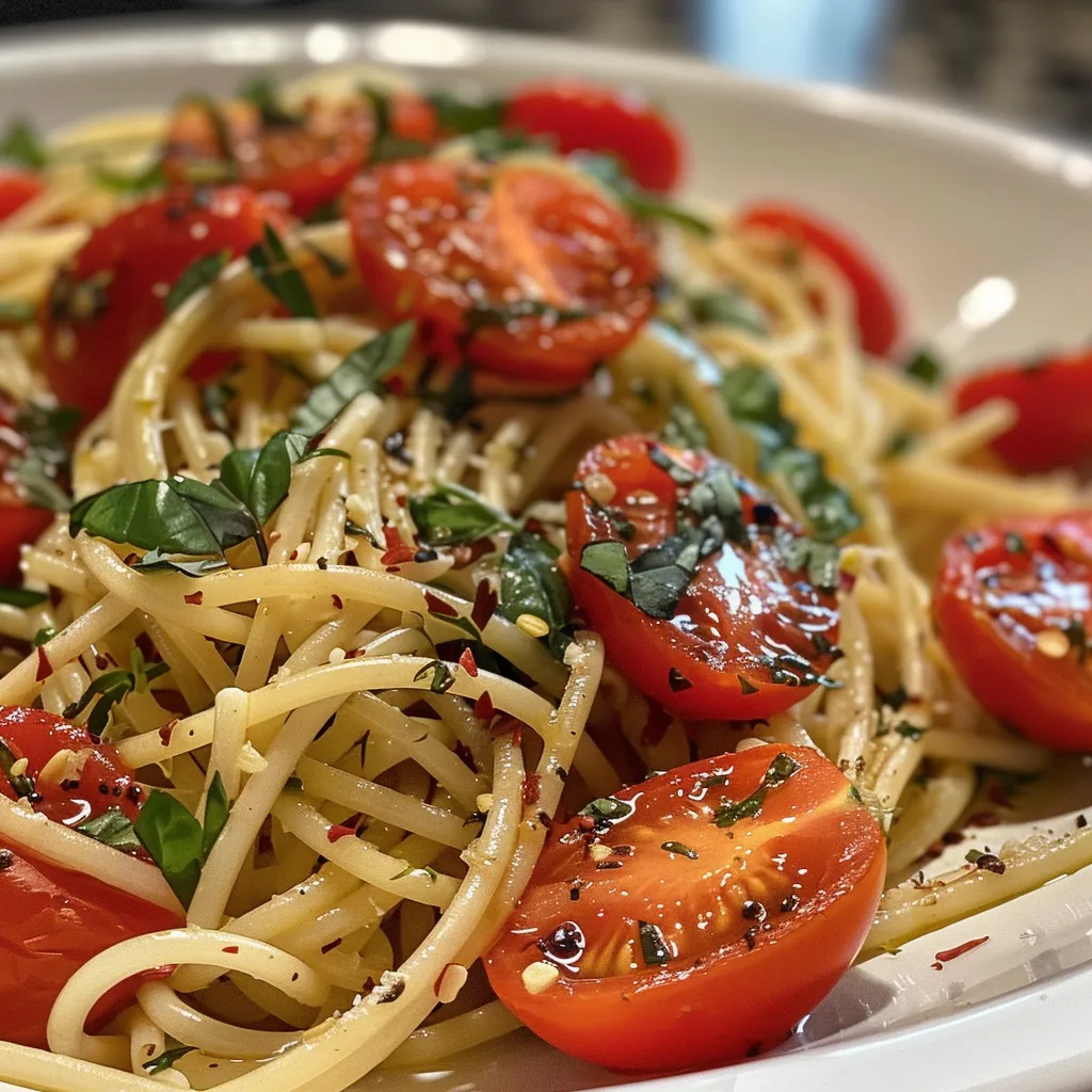 A side view of basil and cherry tomato spaghetti, highlighting fresh ingredients and glossy pasta.