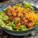 A close-up side view of a Big Mac Salad featuring ground beef, lettuce, tomatoes, and cheese.