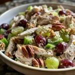 Close-up view of a vibrant California Chicken Salad featuring grapes, walnuts, and celery.
